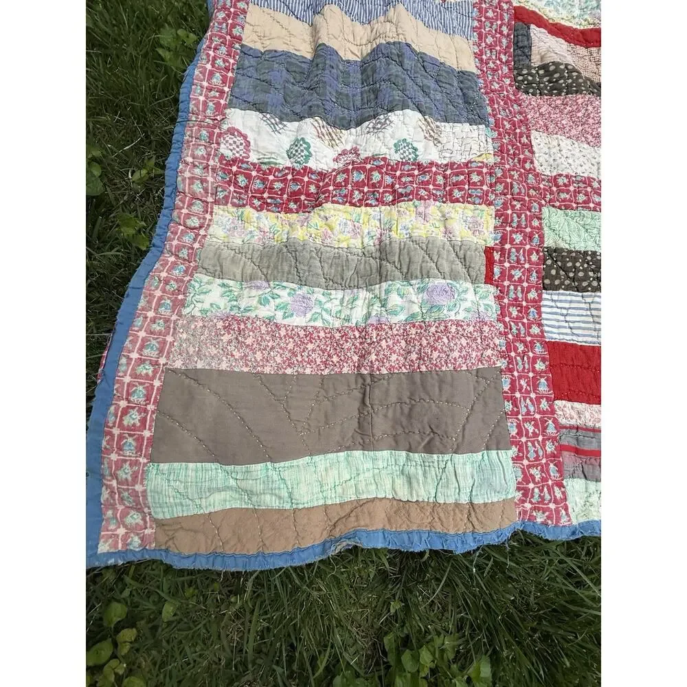 Antique Vtg 1920’s CRAZY QUILT Multi-Color Feed Sack Cowboys 78” **Needs Repair